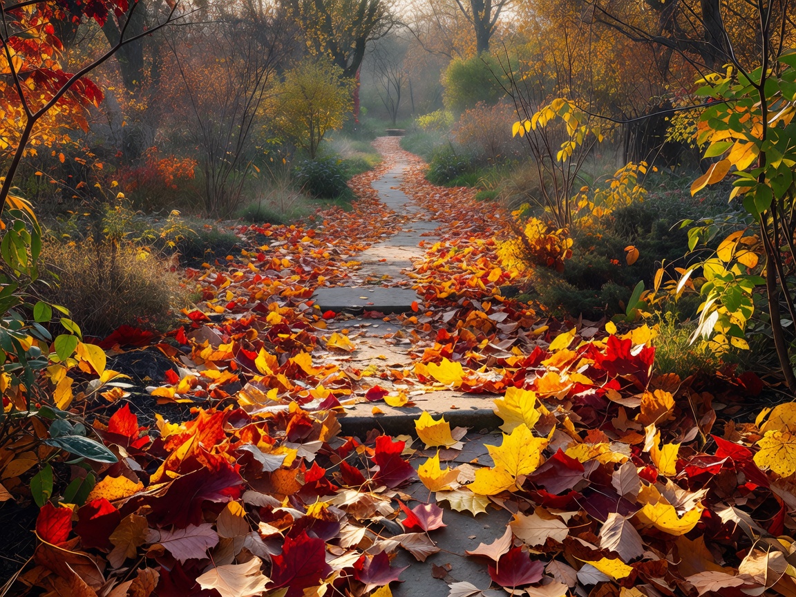 Autumn leaves on a garden path representing seasonal changes