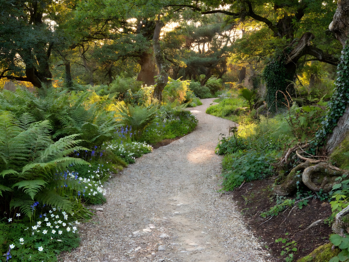 Curving gravel pathway leading through a rural woodland garden