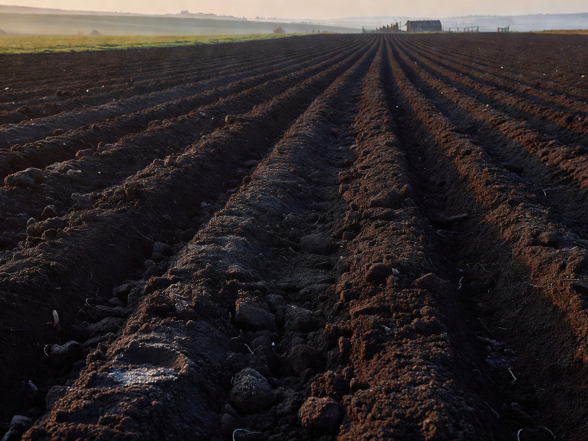Dark rich turned soil prepared for planting in a rural setting