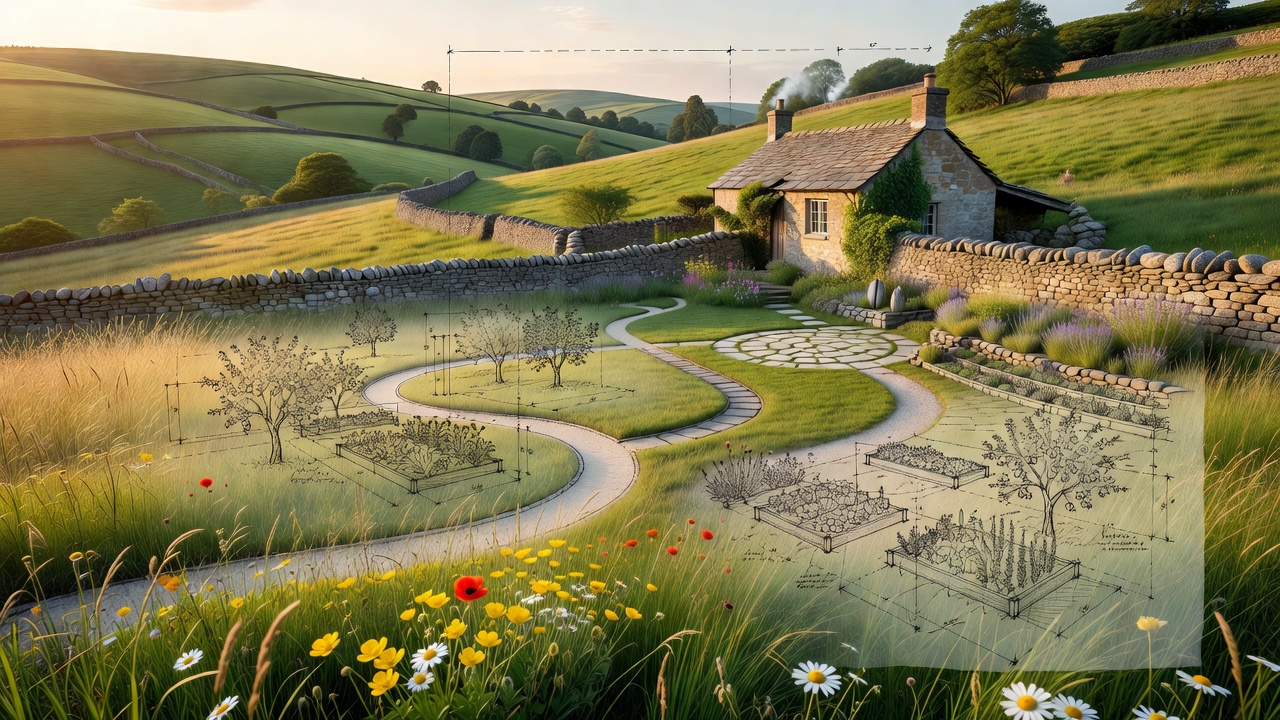 Detailed landscape design sketch overlaying a rural garden view