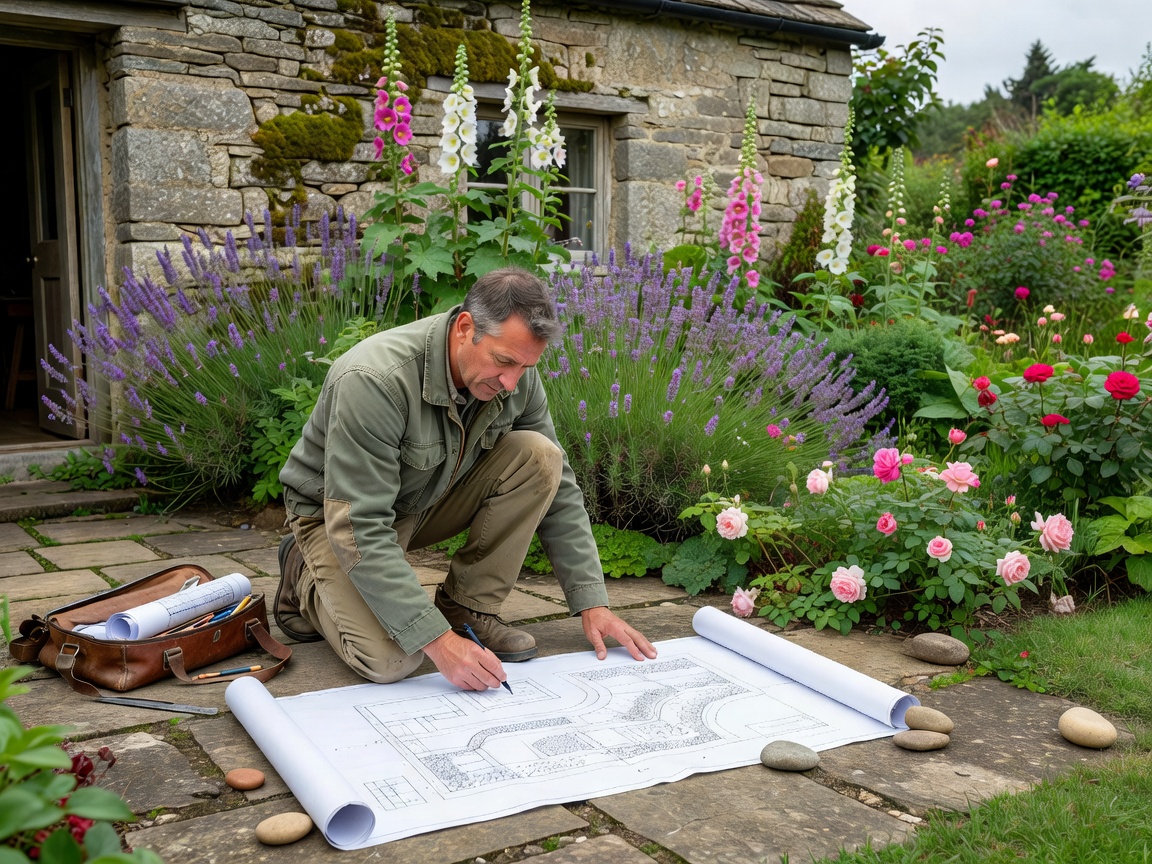 Drafting landscape plans near a stone cottage garden