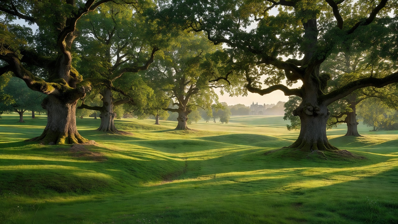 Expansive green estate grounds with mature oaks