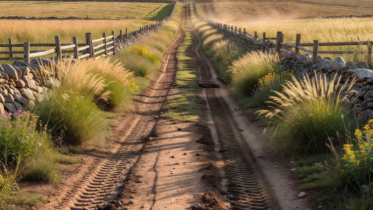 Farm track with sturdy boundaries and native grass