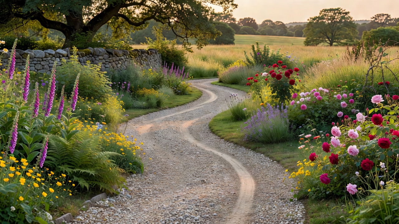 Gravel pathway winding through a rural garden
