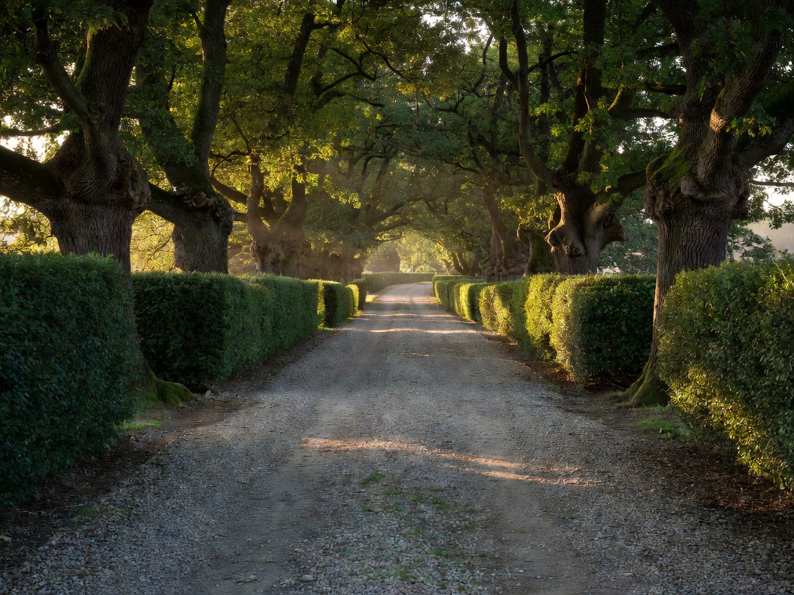 Gravel rural driveway lined with mature trees and hedging