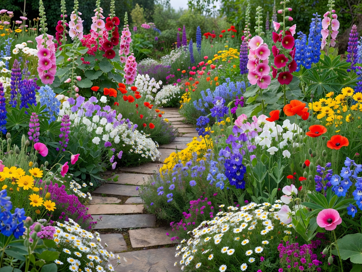Informal cottage garden with dense flower borders and stone path