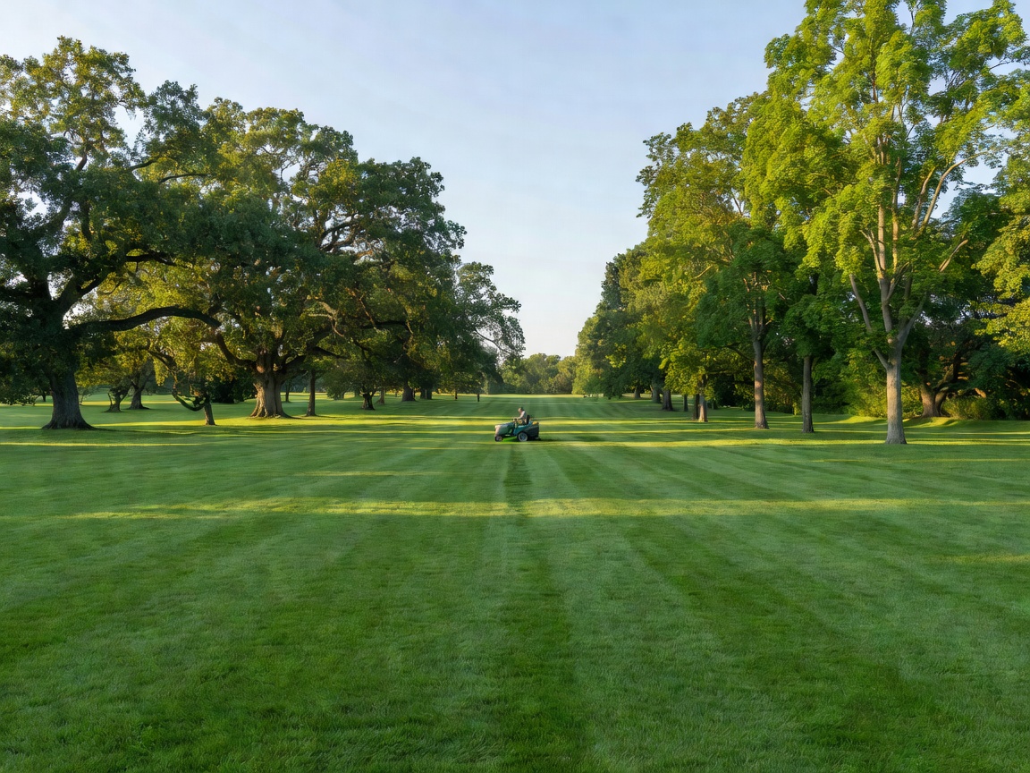 Large sweeping estate lawn being maintained with mature trees