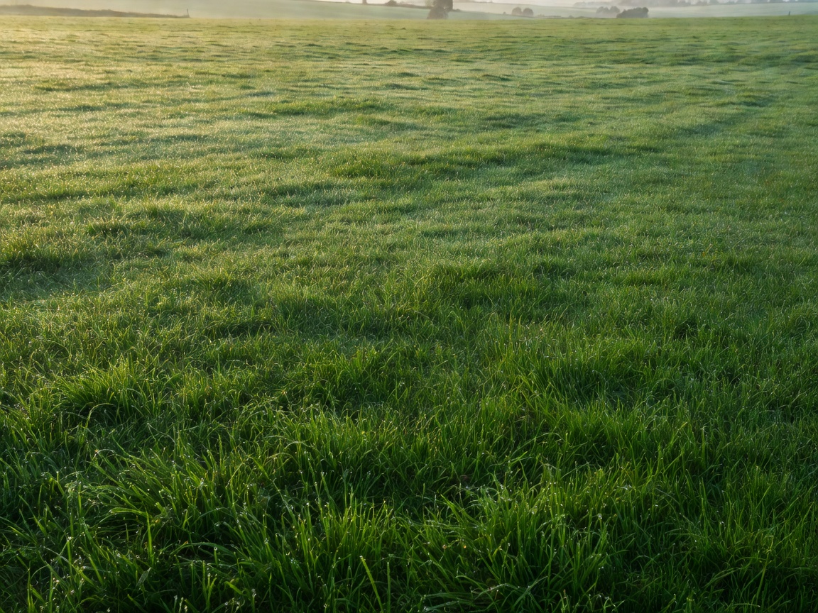 Lush green expansive rural lawn wet with morning dew