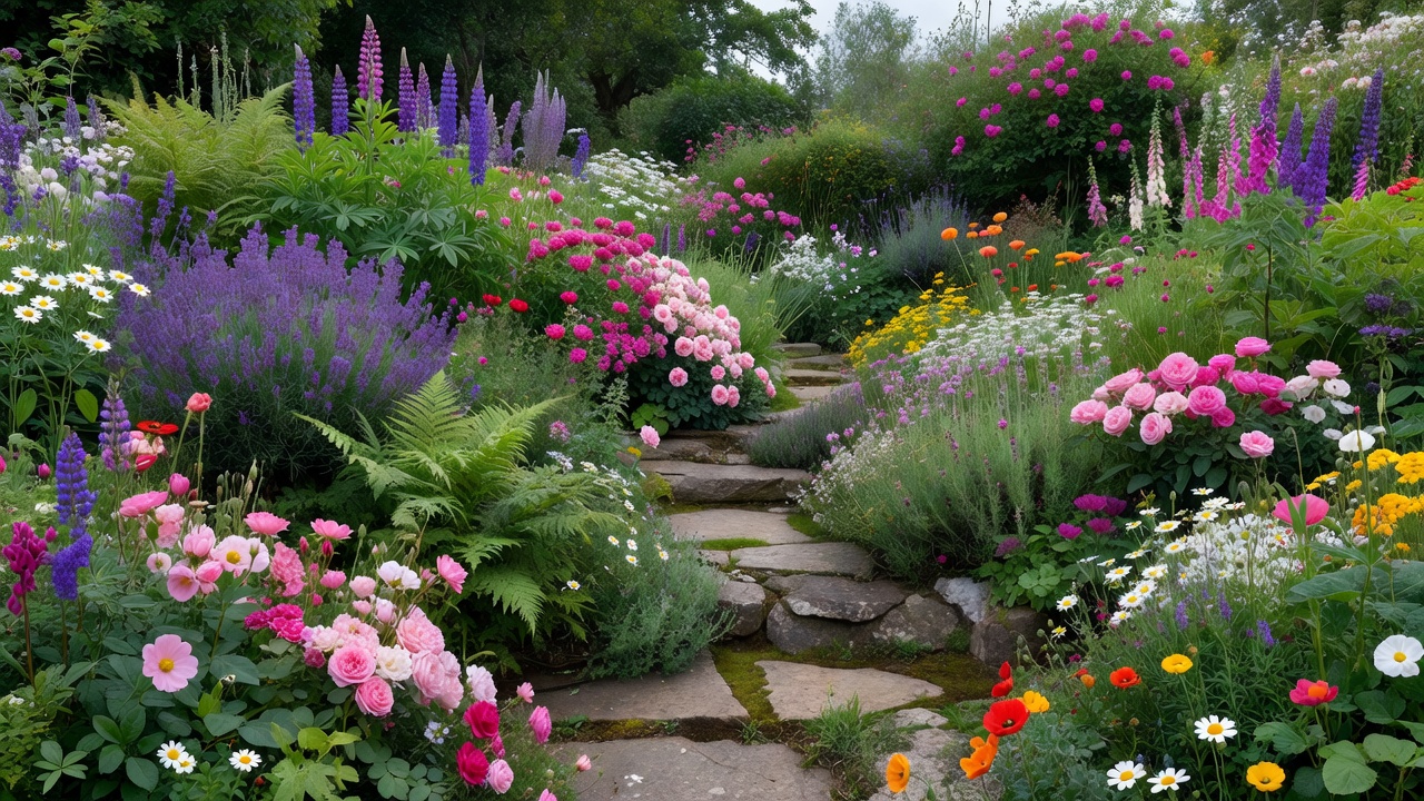 Lush informal cottage garden planting overlapping a stone path