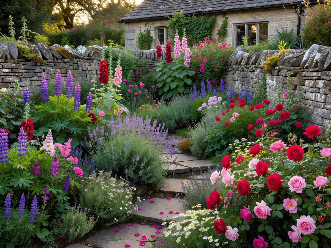 Lush traditional cottage garden with stone walls