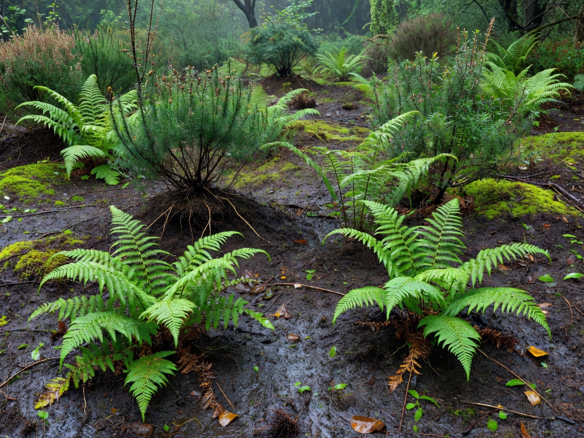 Native ferns and shrubs growing naturally in damp Irish soil