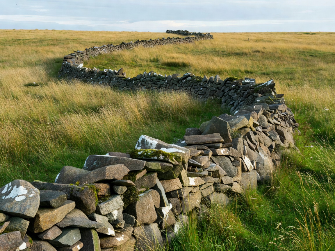Natural dry stone wall landscape feature in a field