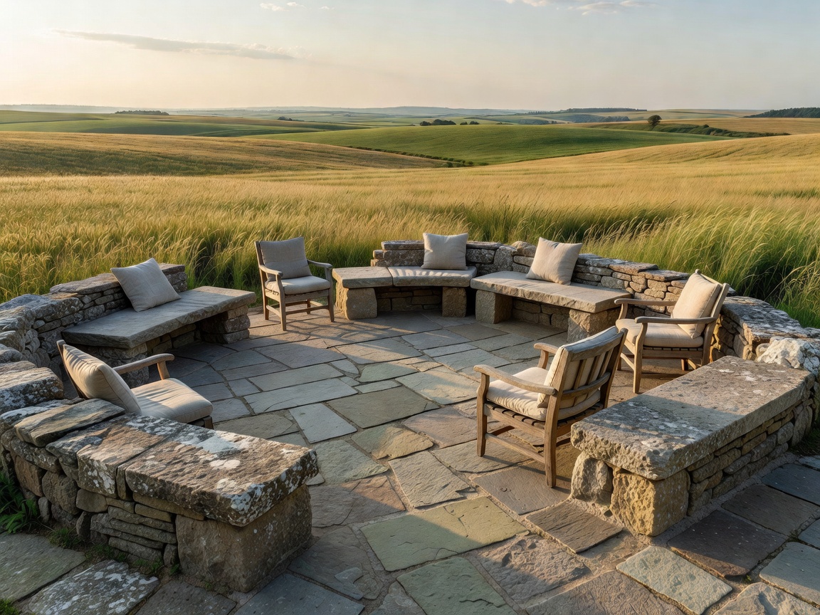 Natural stone outdoor terrace seating area overlooking fields