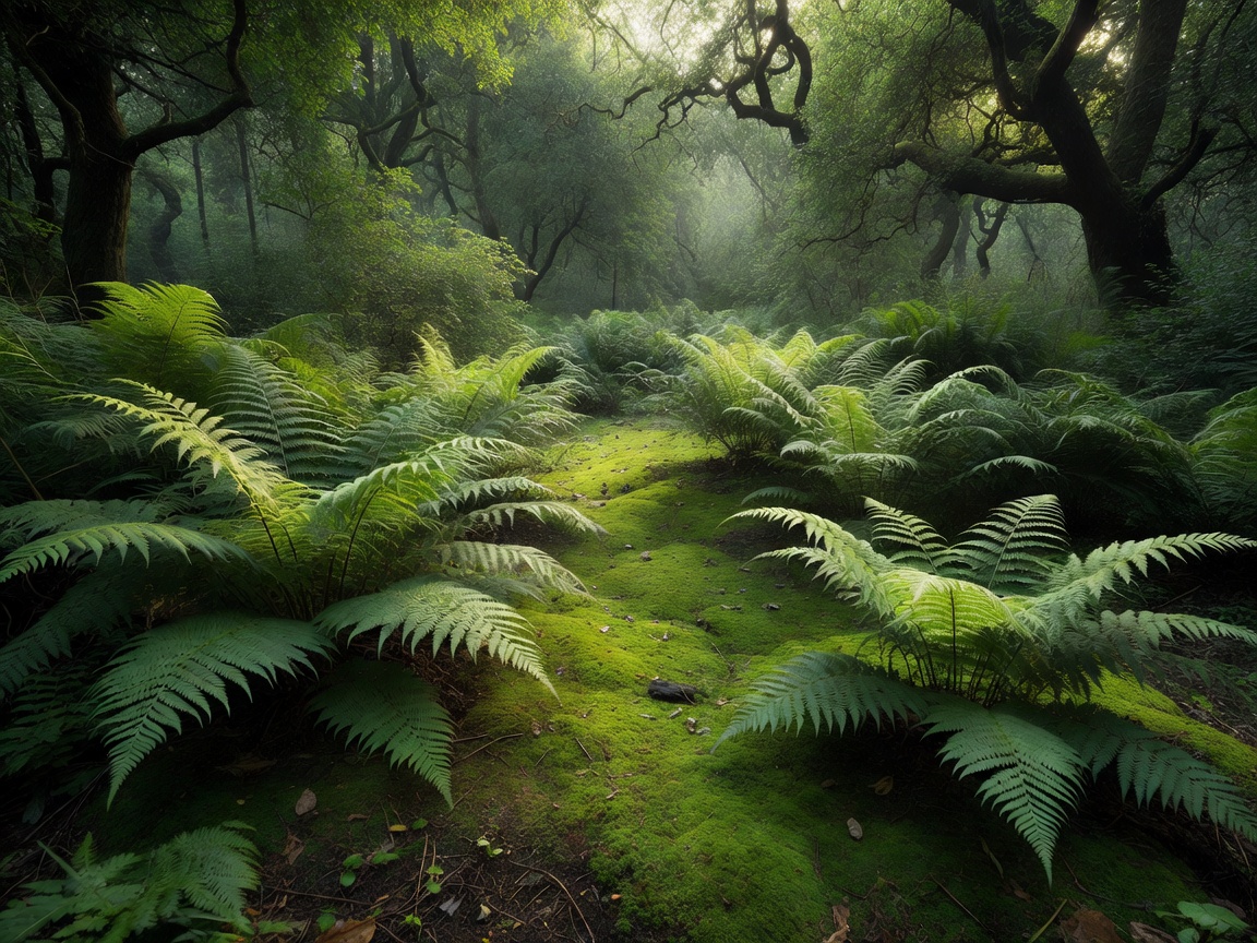 Peaceful woodland garden edge with soft ferns