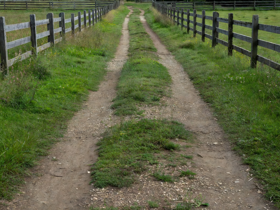 Practical farm driveway with natural grass verges and fencing
