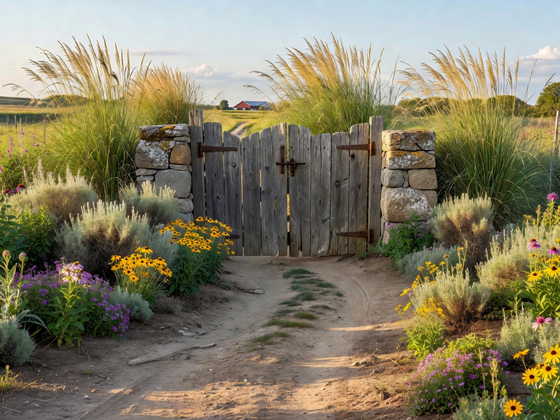 Practical rural farm entrance with native planting