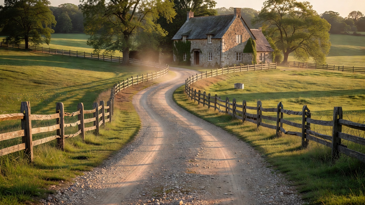 Rural gravel driveway approach to a country house