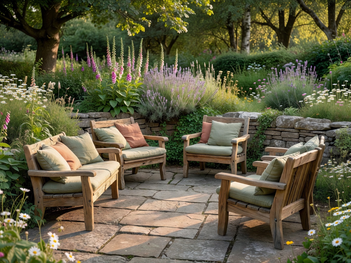 Stone patio seating area nestled into a rural garden