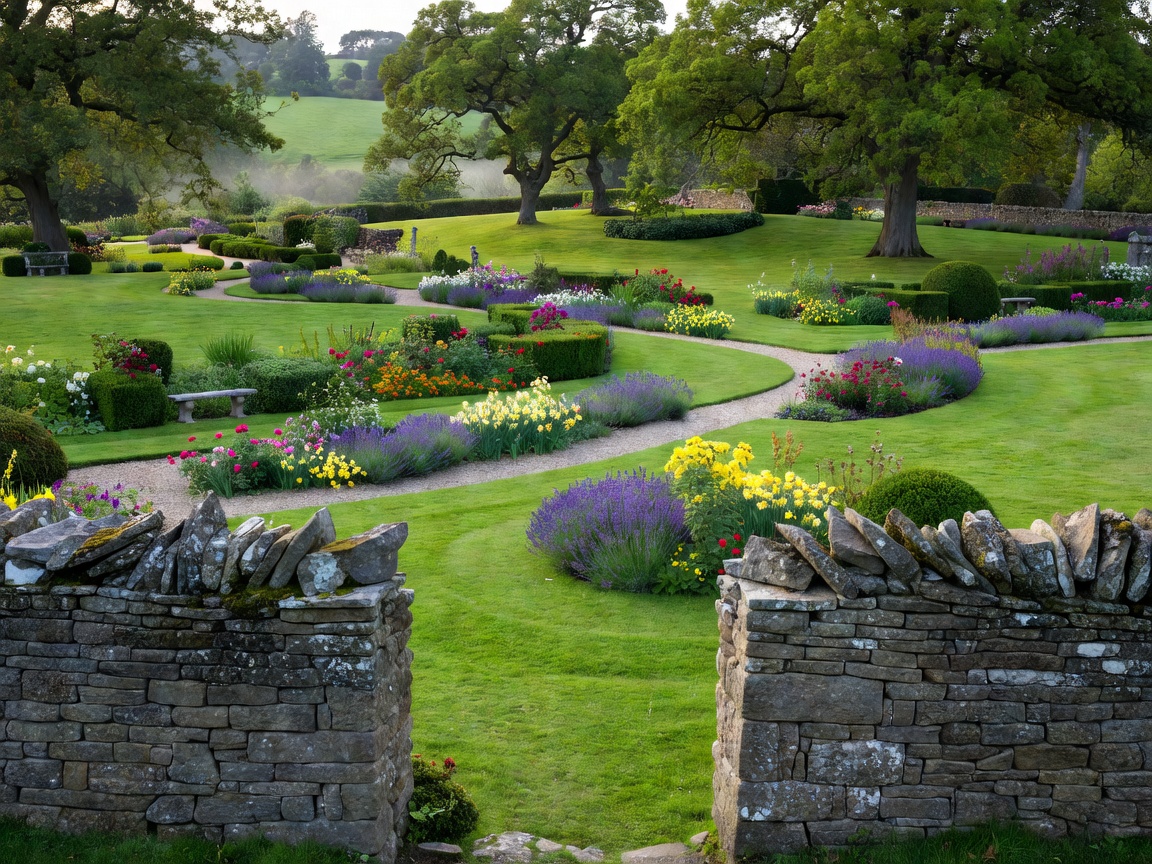 Stone wall boundary framing a lush green rural estate garden
