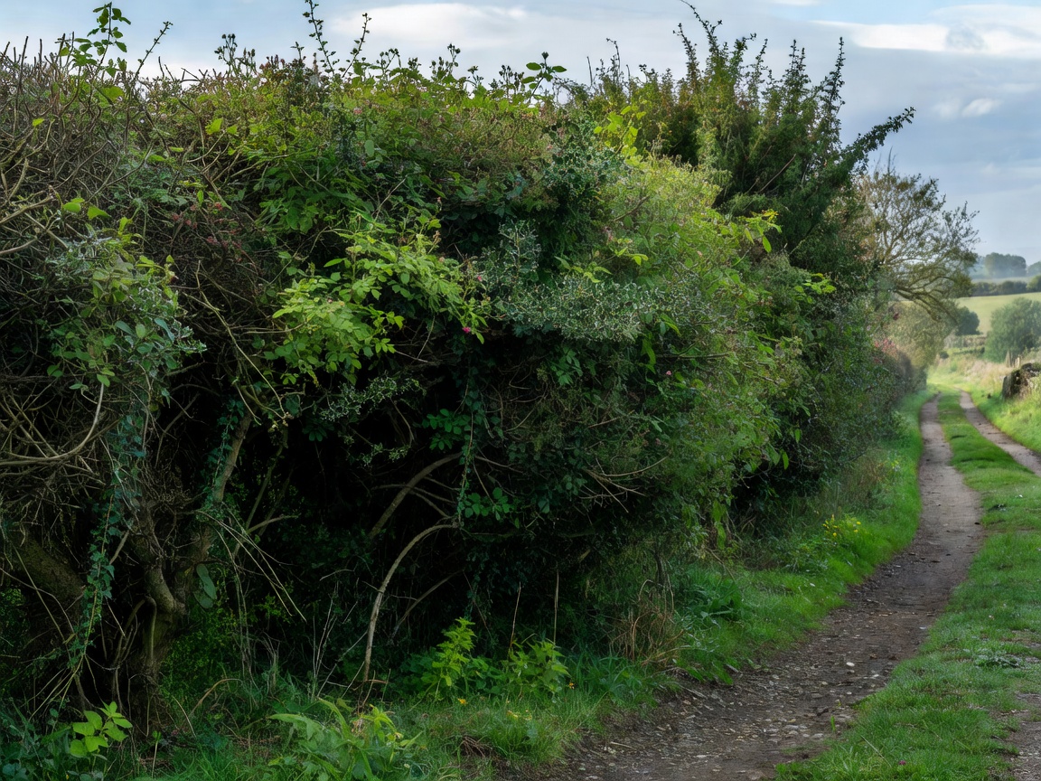 Thick mature rural hedgerow bordering a countryside lane