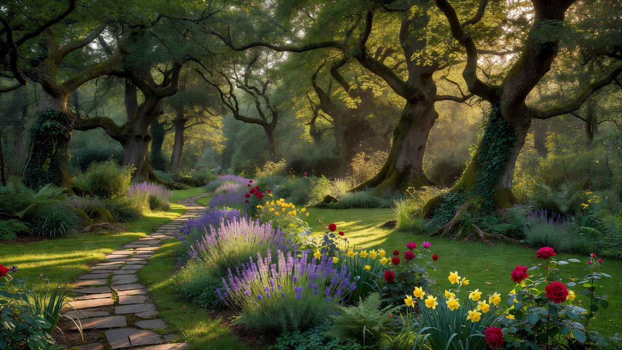 Transition zone between a garden and dense woodland trees