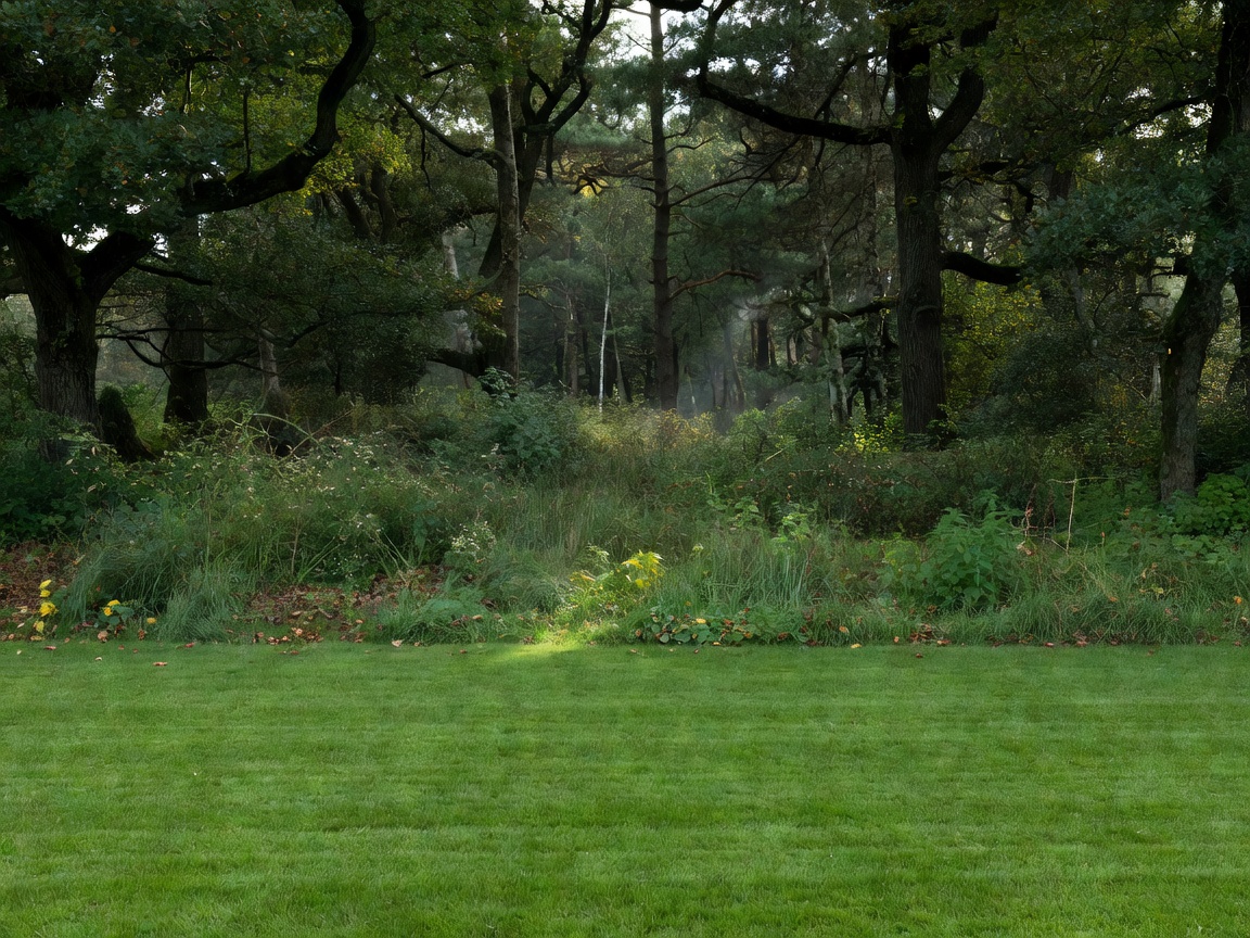 Transition zone between manicured lawn and thick rural woodland