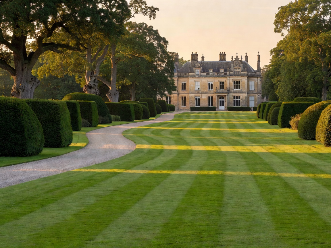 Vast manicured lawns leading to a country estate