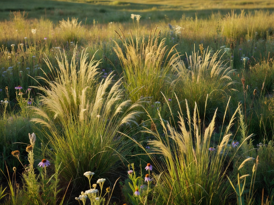 Wild meadow grass and subtle native flowers growing in a field