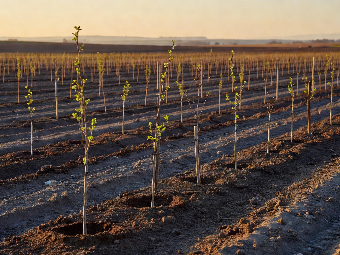 Young sapling trees newly planted in a rural field